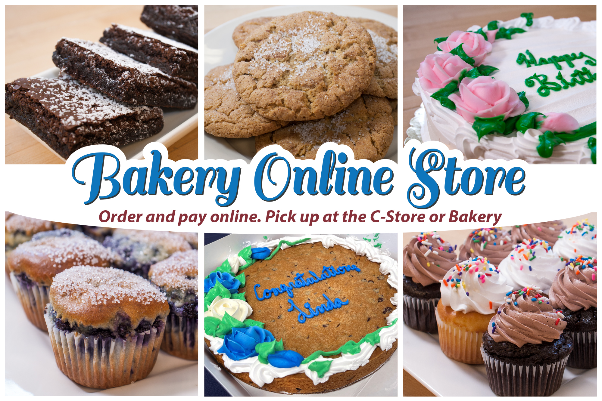 Anyone can order cakes, and baked goods, including gluten free from the UConn Bakery online store and pick up their order at the Student Union Convenience Store. 1 week notice is required for  most items