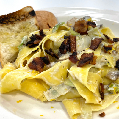 Pappardelle w/Leeks, Mushrooms & Bacon