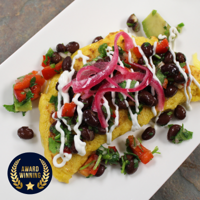Cinnamon Chipotle Cachapas w/Black Bean Avocado Salsa